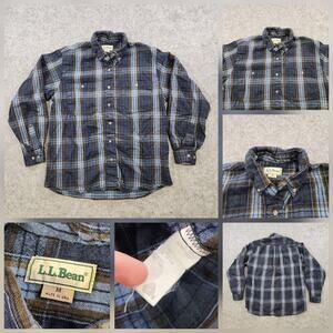 VTG LL Bean Shirt Mens Medium Wool Blue Plaid Flannel Made USA Button Down 90s